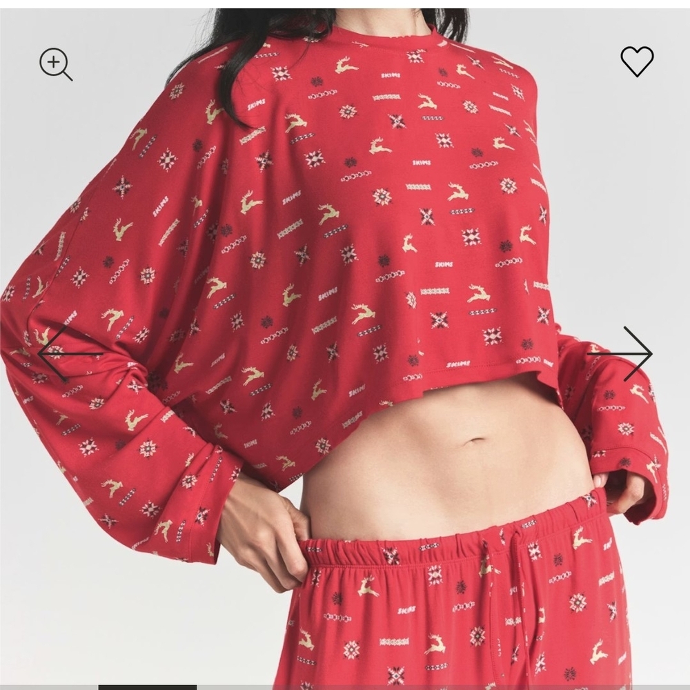 SKIMS Cropped Long Sleeved Holiday Cranberry Pajama Set - Picture 3 of 11